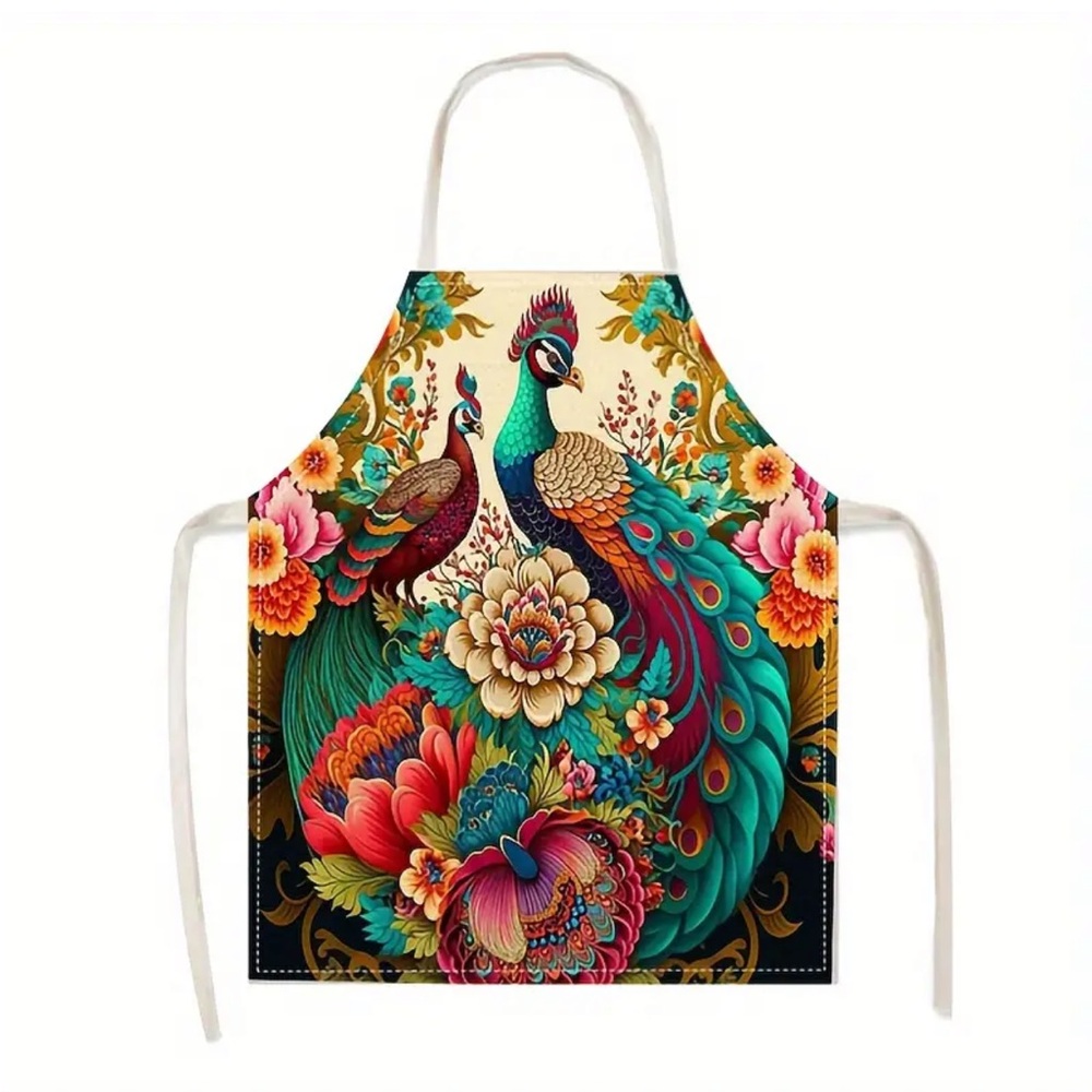 Peacock Couple Printed Halter Linen Apron with Waist Tie Backs